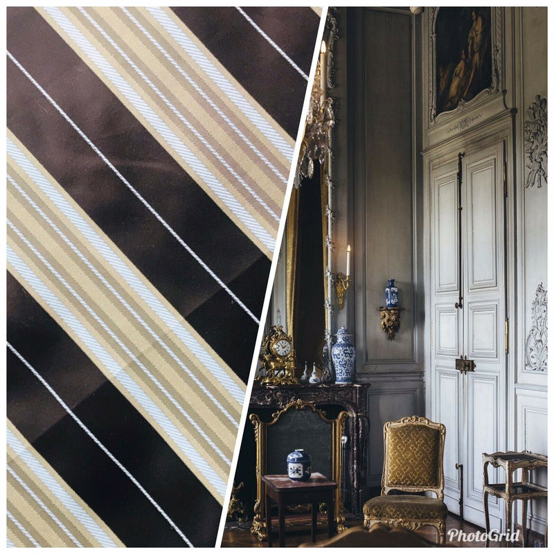 Sir Donatello Designer Brocade Satin Fabric- Brown, Pale Blue Gold Stripes Neoclassical G2 - Fancy Styles Fabric Pierre Frey Lee Jofa Brunschwig & Fils