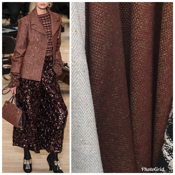 Designer Wool Blend Woven Coat Tweed Fabric - Brick & Green Melange- By The Yard - Fancy Styles Fabric Pierre Frey Lee Jofa Brunschwig & Fils