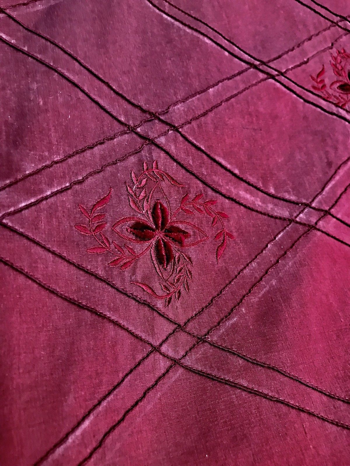 NEW! 100% Silk Washed Taffeta Embroidered Floral Quilted Motif Fabric - Red - Fancy Styles Fabric Boutique