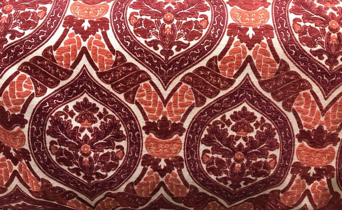 NEW SALE! Double Sided Burnout Chenille Velvet Fabric- Red Upholstery Damask - Fancy Styles Fabric Boutique