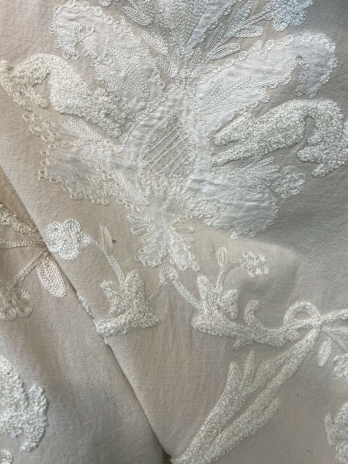 NEW! Lady Nora Novelty 100% Silk Fabric With Crewel Floral Embroidery- Ecru & White - Fancy Styles Fabric Pierre Frey Lee Jofa Brunschwig & Fils