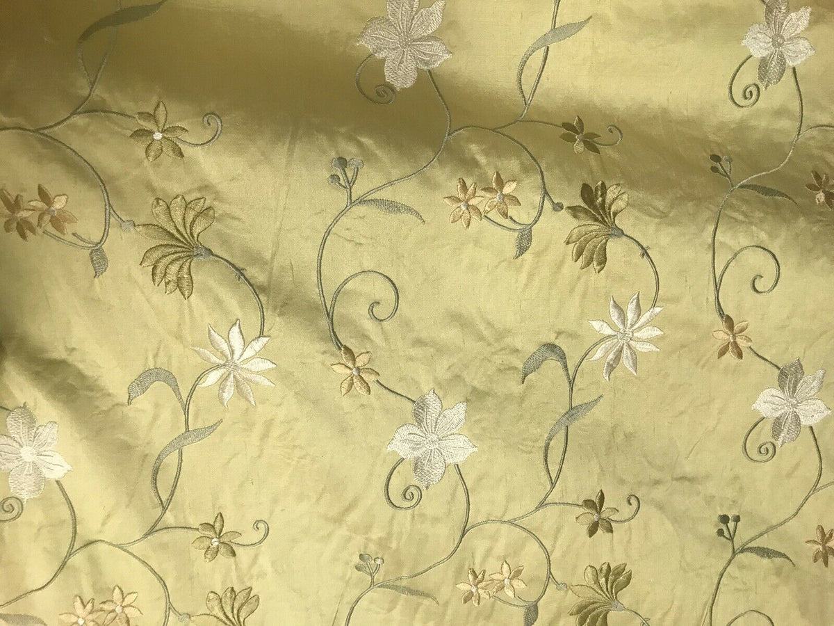 NEW! 100% Silk Dupioni Drapery Golden Yellow Embroidered Floral Fabric GFSUY0001 - Fancy Styles Fabric Pierre Frey Lee Jofa Brunschwig & Fils