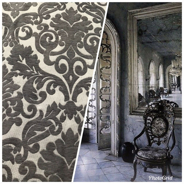 NEW Sir Arthur Double Sided Burnout Chenille Velvet Fabric- Grey & Ivory Upholstery Damask - Fancy Styles Fabric Pierre Frey Lee Jofa Brunschwig & Fils