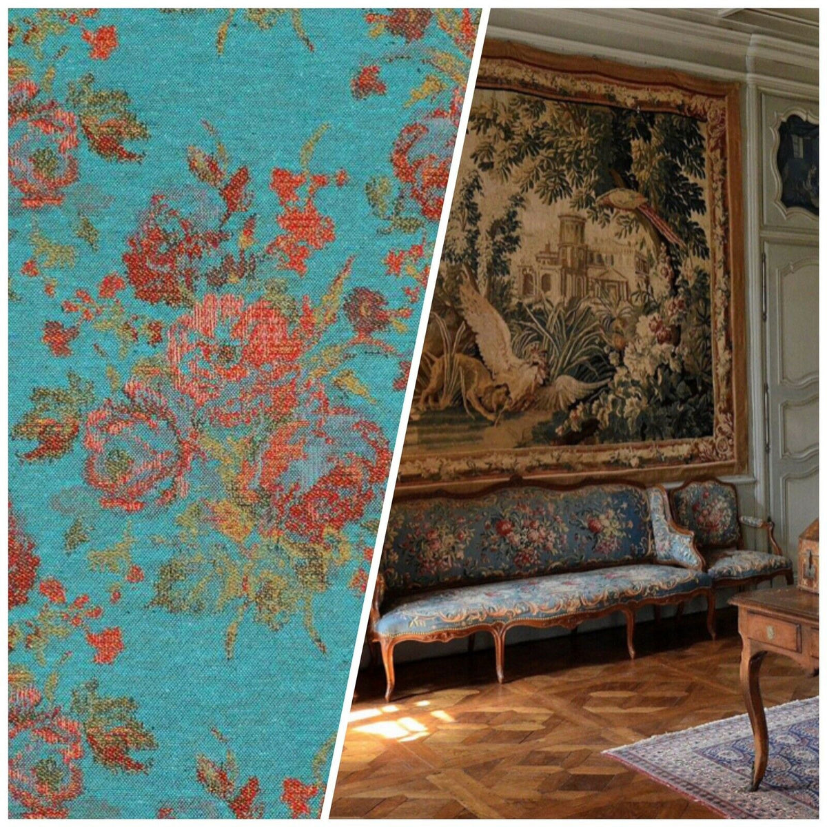 NEW Miss Juniper Designer Floral Needlepoint Inspired Upholstery Fabric- Turquoise & Roses - Fancy Styles Fabric Pierre Frey Lee Jofa Brunschwig & Fils