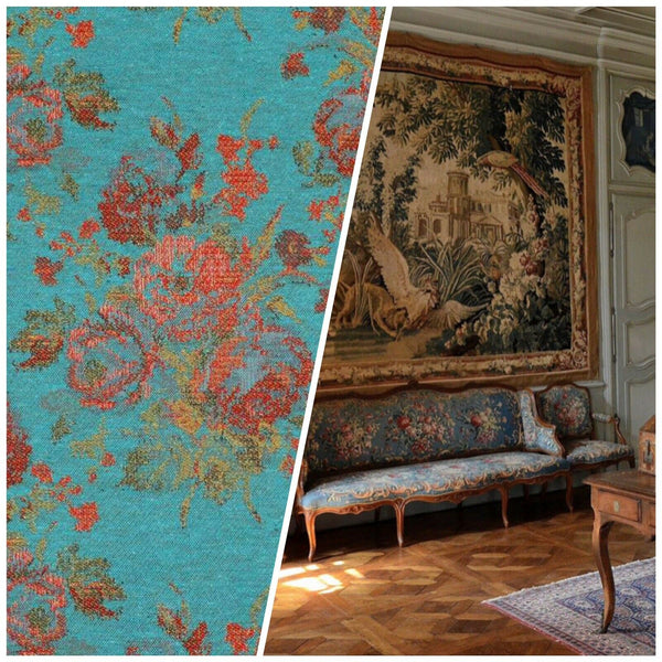 NEW Miss Juniper Designer Floral Needlepoint Inspired Upholstery Fabric- Turquoise & Roses - Fancy Styles Fabric Pierre Frey Lee Jofa Brunschwig & Fils