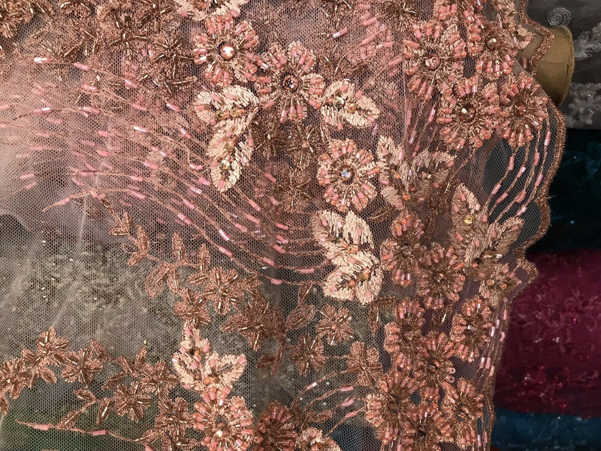 Beaded Peach & Coral Rhinestone Scalloped Edges Lace Mesh Floral Fabric - Fancy Styles Fabric Pierre Frey Lee Jofa Brunschwig & Fils