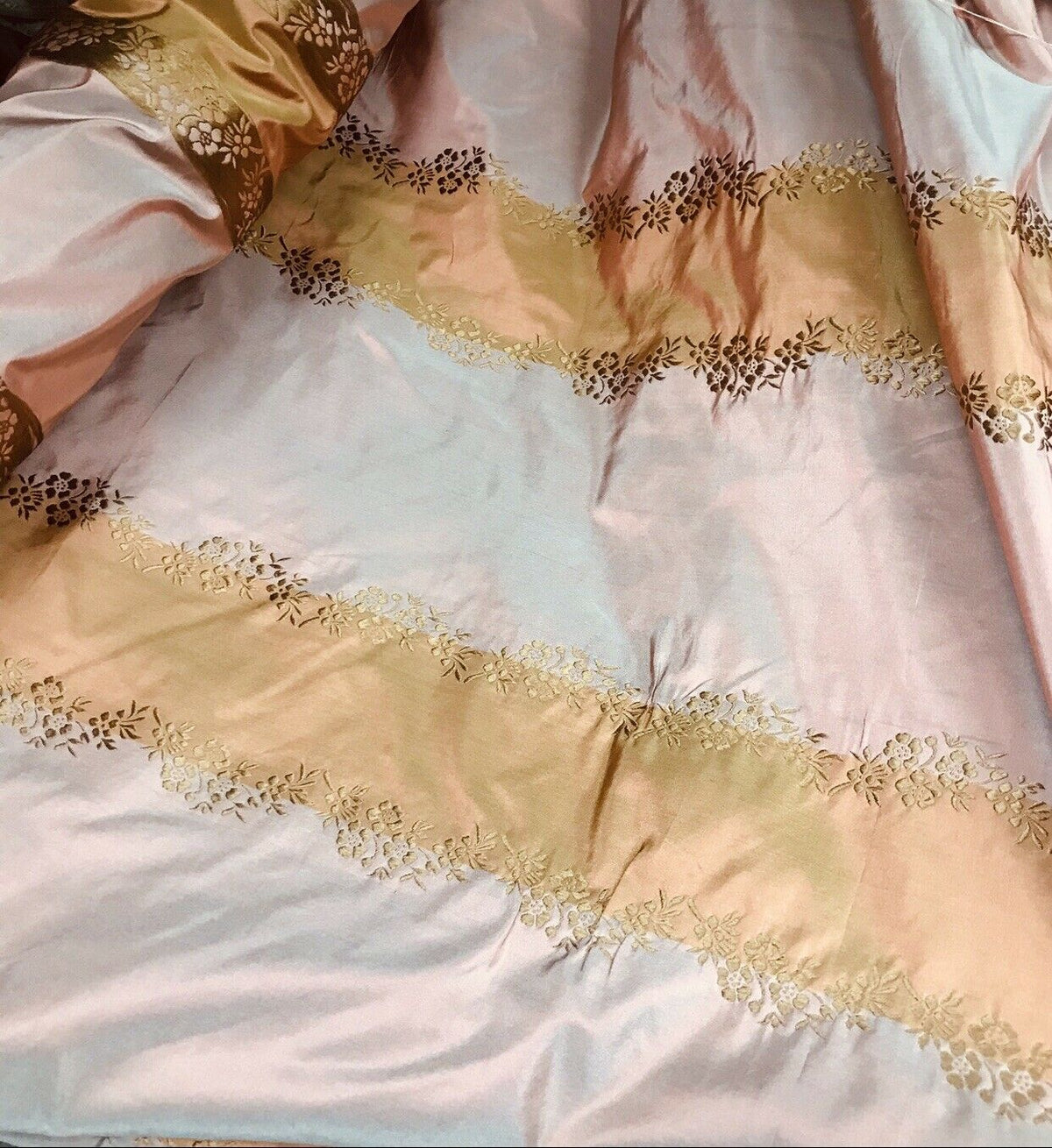 Designer Lady Kristen 100% Silk Taffeta Embroidered Stripe Floral Fabric- Pink & Copper - Fancy Styles Fabric Pierre Frey Lee Jofa Brunschwig & Fils