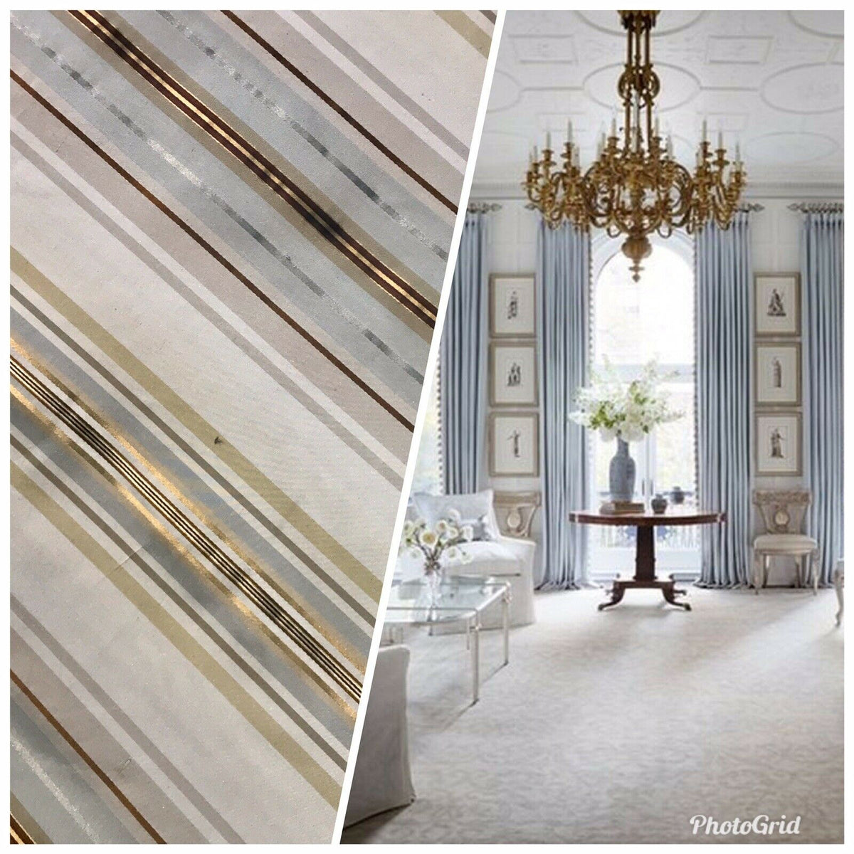 NEW Lady Lillian Designer 100% Silk Taffeta Dupioni Stripes Fabric - Blue-Gray Gold 55” Wide - Fancy Styles Fabric Pierre Frey Lee Jofa Brunschwig & Fils