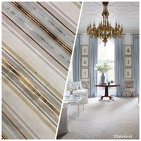 NEW Lady Lillian Designer 100% Silk Taffeta Dupioni Stripes Fabric - Blue-Gray Gold 55” Wide - Fancy Styles Fabric Pierre Frey Lee Jofa Brunschwig & Fils