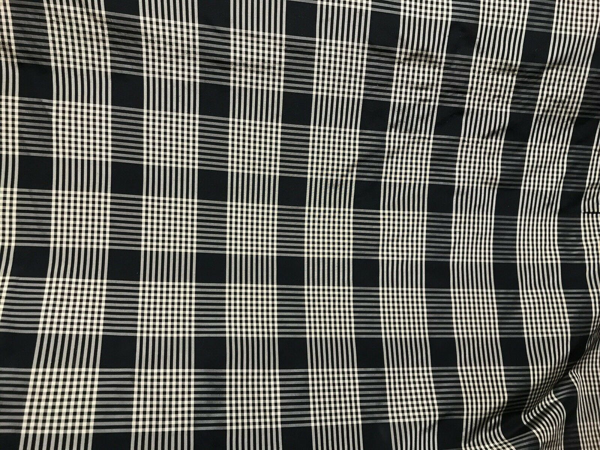 NEW Designer 100% Silk Taffeta Gingham Plaid Tartan Fabric- Black Beige - Fancy Styles Fabric Pierre Frey Lee Jofa Brunschwig & Fils
