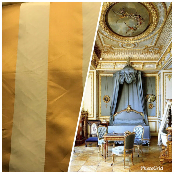 60” Wide- Designer Satin Drapery Fabric - 6” Gold And Beige Stripes - Fancy Styles Fabric Pierre Frey Lee Jofa Brunschwig & Fils