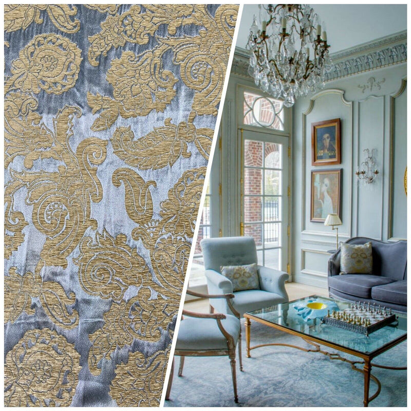 NEW Designer Floral Burnout Chenille Velvet Satin Fabric - Blue And Gold BTY - Fancy Styles Fabric Pierre Frey Lee Jofa Brunschwig & Fils