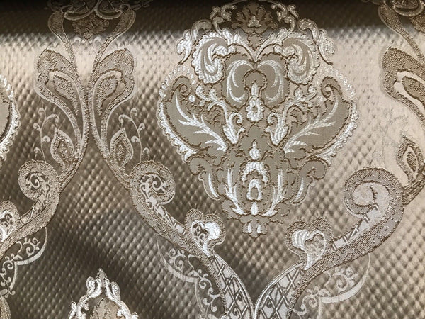NEW! Designer Brocade Satin Fabric Interior Design- Taupe Damask- Upholstery - Fancy Styles Fabric Pierre Frey Lee Jofa Brunschwig & Fils