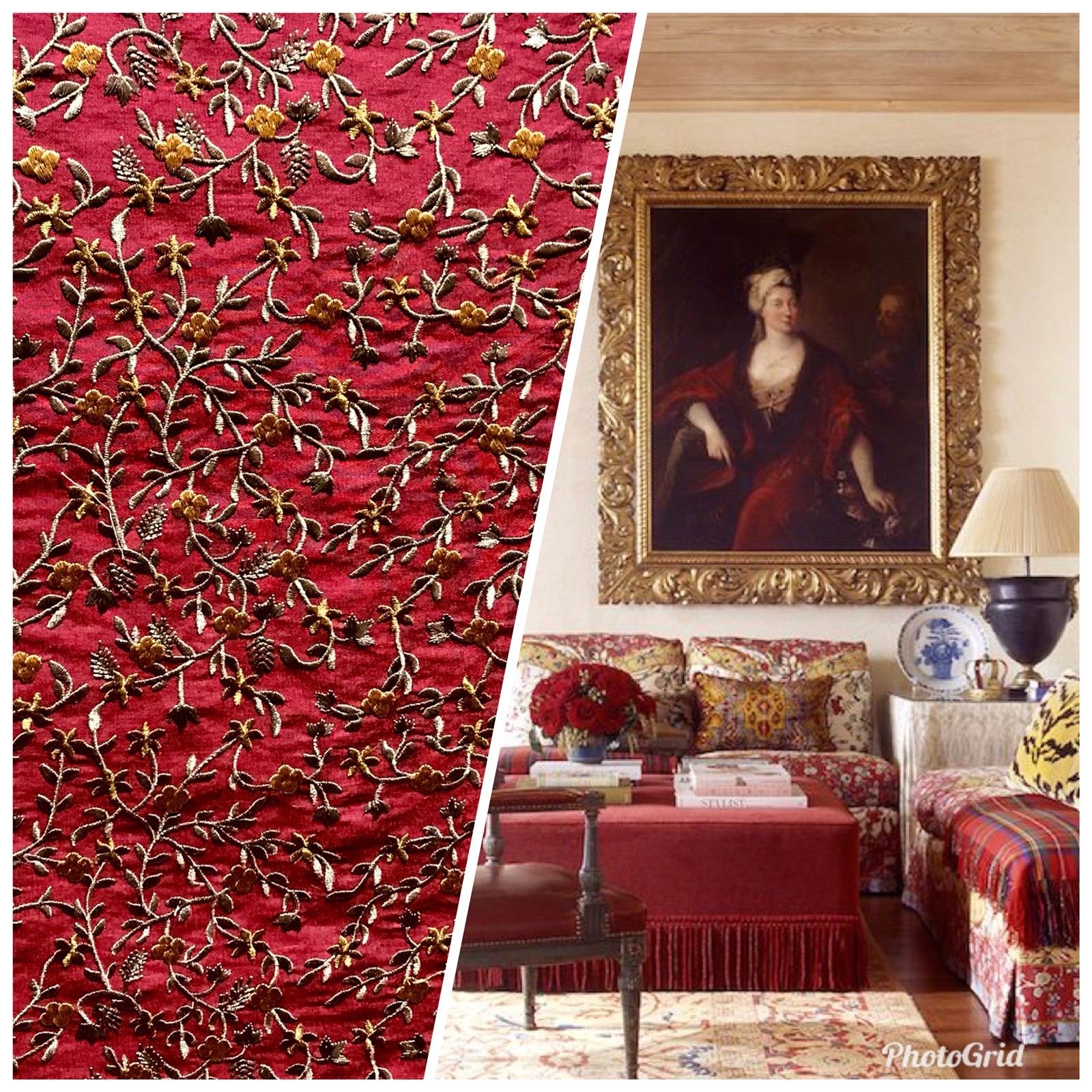 SWATCH Princess Esme Designer 100% Silk Dupioni Embroidered Fabric - Red  Floral