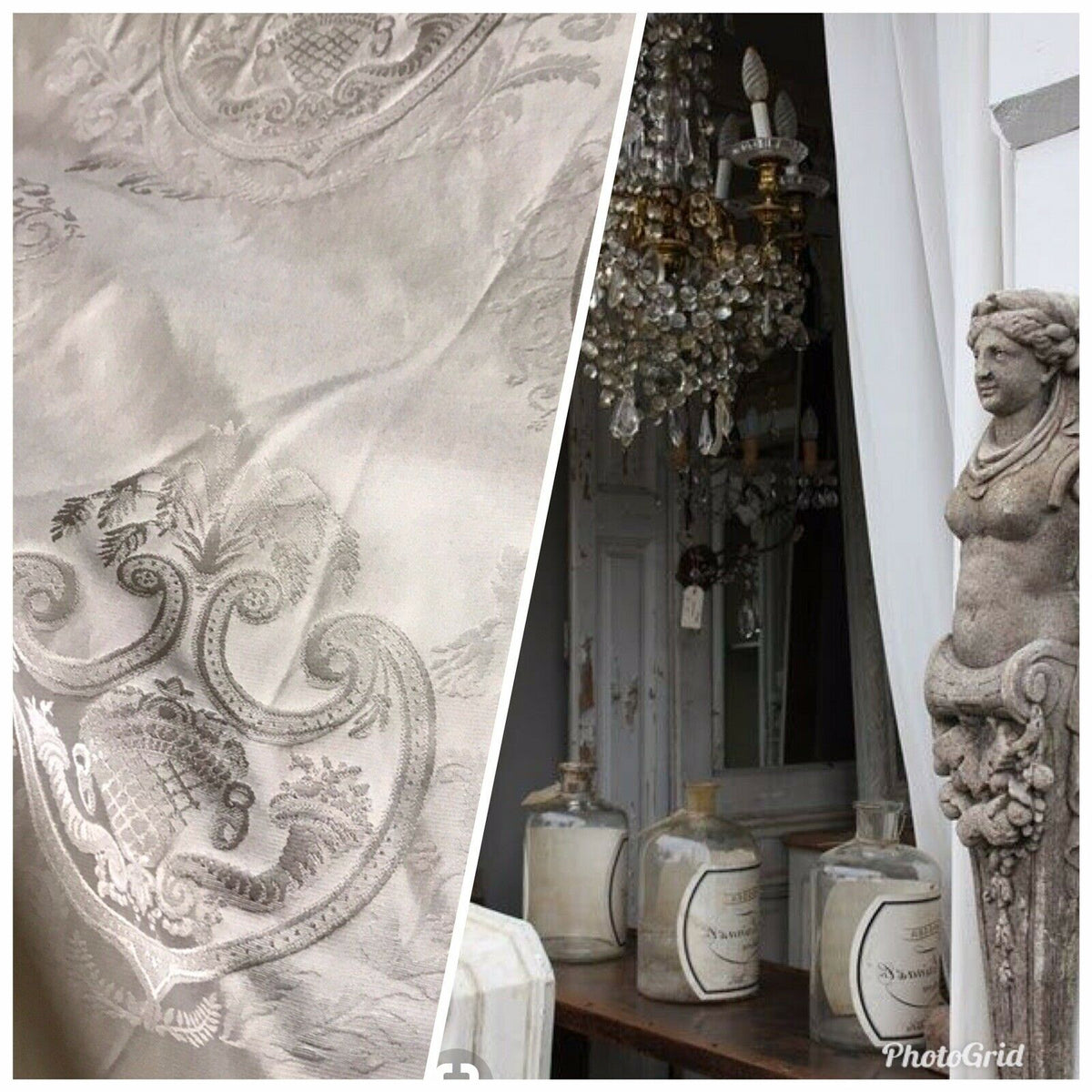 NEW! 100% Silk Jacquard Neoclassical Fabric - Tone On Tone Light Gray- Damask - Fancy Styles Fabric Pierre Frey Lee Jofa Brunschwig & Fils