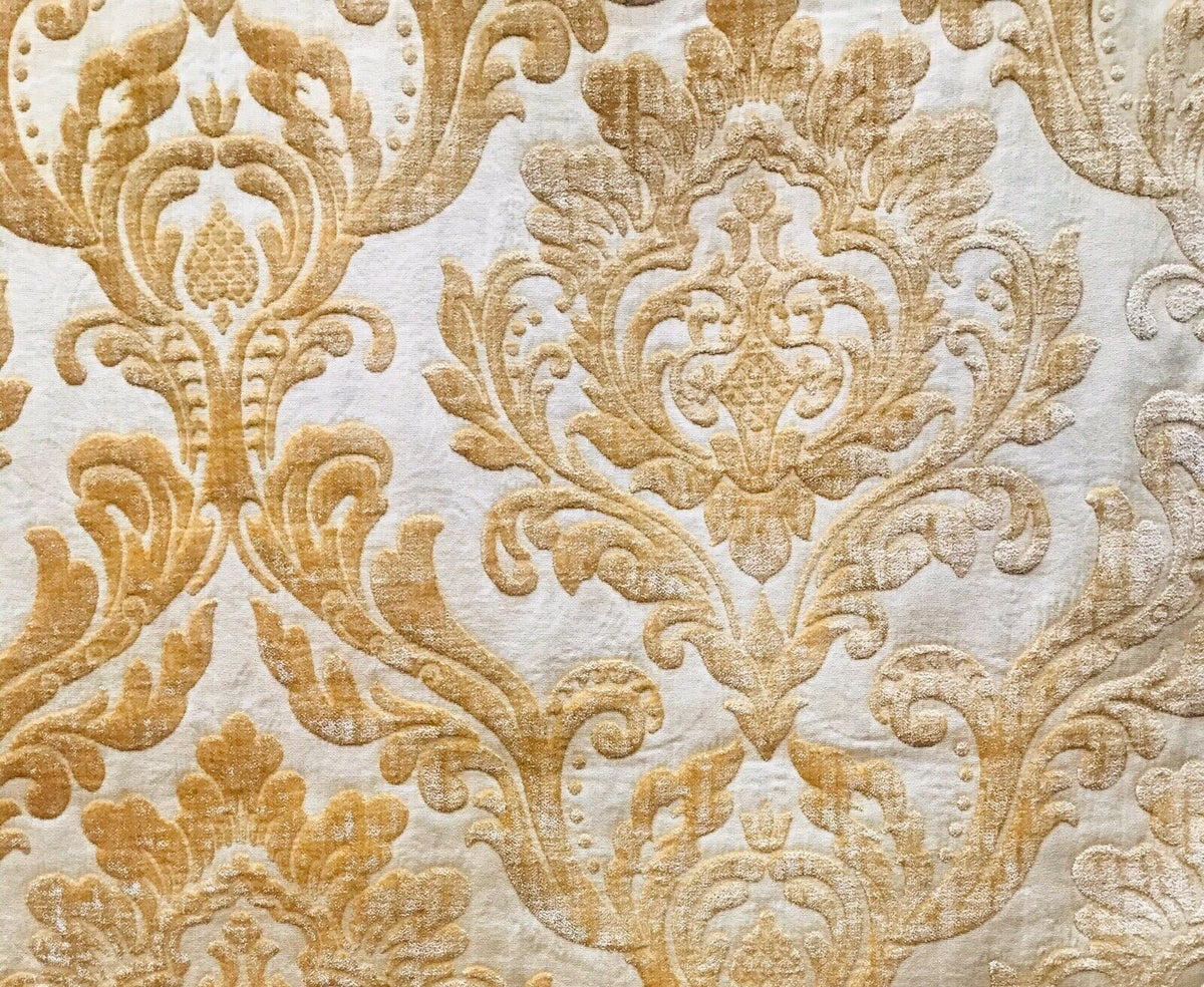 NEW! Queen Isabelle Designer Damask Burnout Chenille Velvet Fabric - Honey Gold BTY - Fancy Styles Fabric Pierre Frey Lee Jofa Brunschwig & Fils