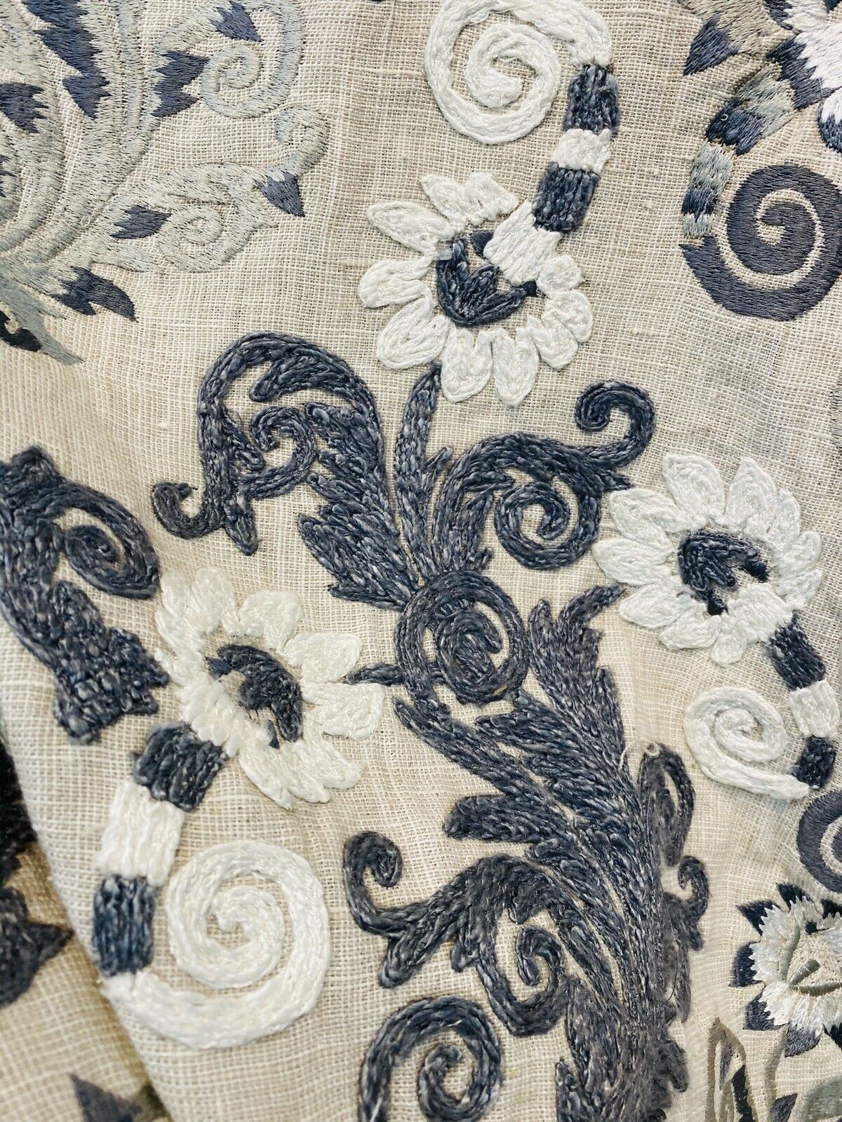 NEW! Novelty 100% Linen Fabric Floral Crewel Embroidery- Blue, White, Ecru - Fancy Styles Fabric Pierre Frey Lee Jofa Brunschwig & Fils