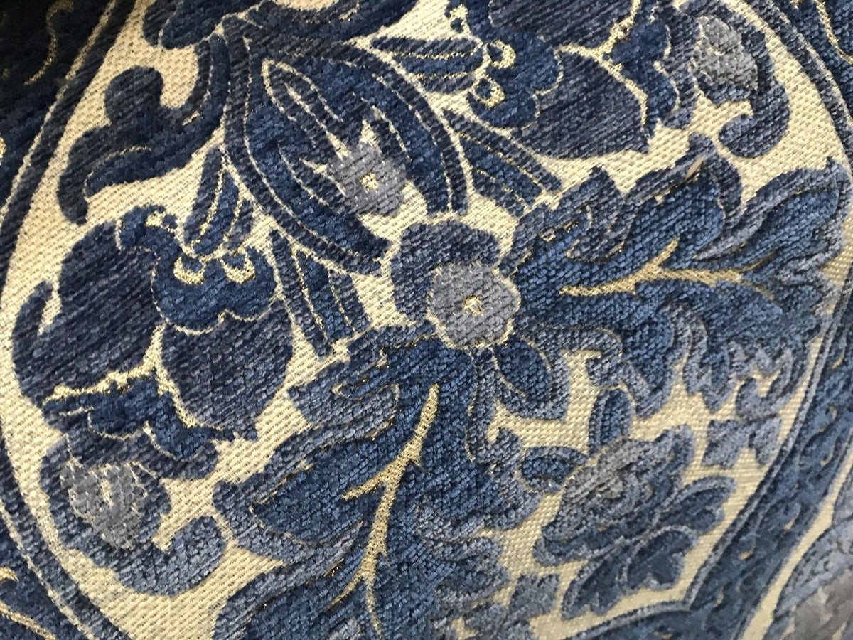 SWATCH Double Sided Burnout Chenille Velvet Fabric- Blue Upholstery Damask - Fancy Styles Fabric Boutique