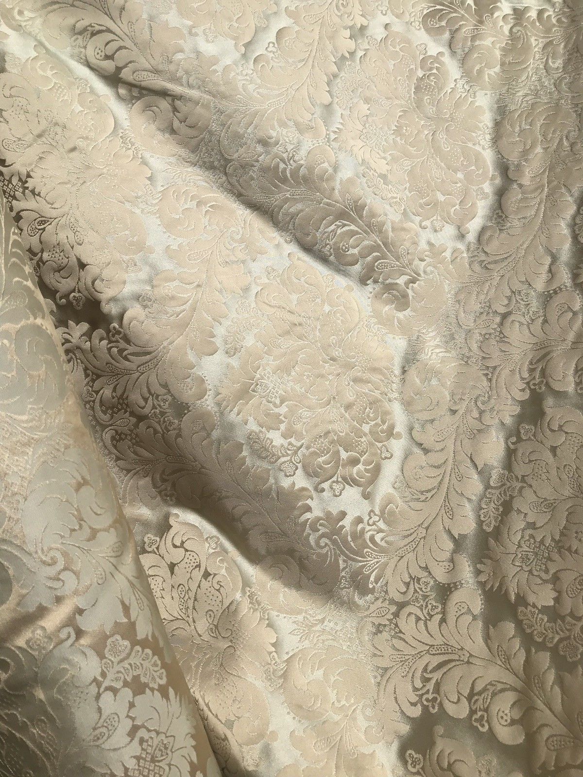 SALE! 100% Silk Taffeta Jacquard Drapery Damask Fabric - Beige & Silver Sea Foam - Fancy Styles Fabric Boutique
