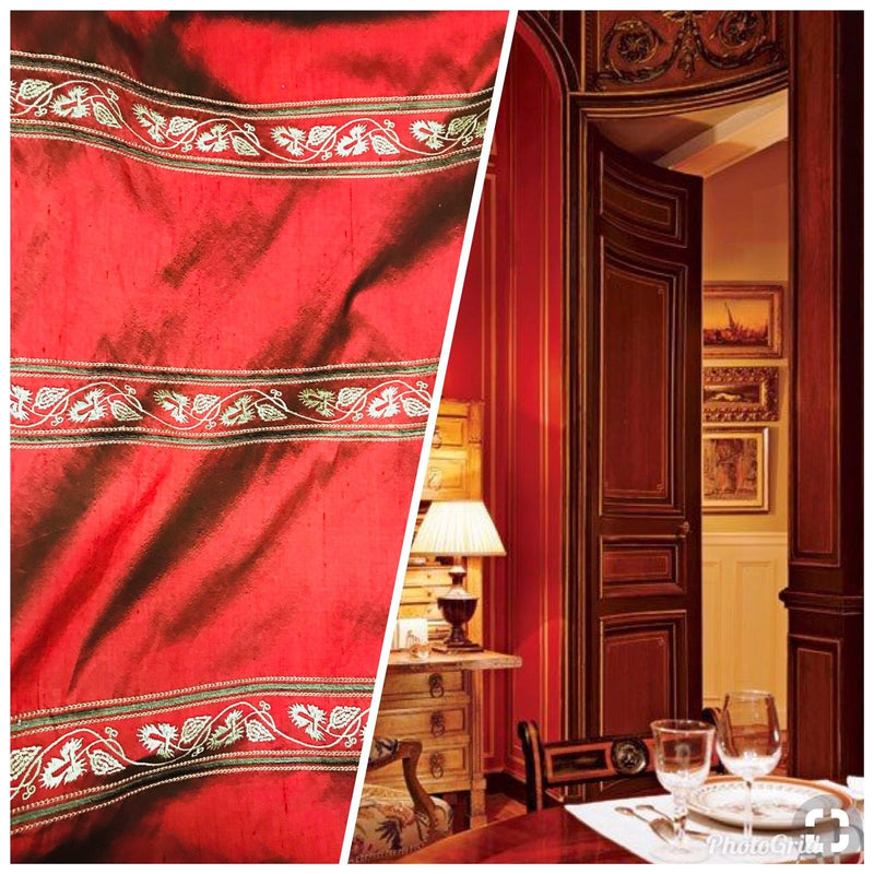 SALE! 100% Silk Taffeta Fabric Embroidery Crimson Red & Iridescent Black Tones - Fancy Styles Fabric Boutique