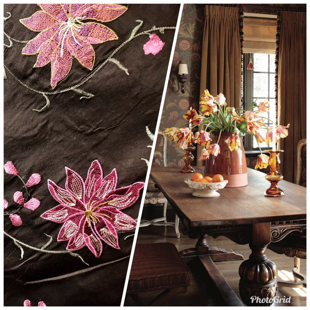 NEW! Queen Theodora 100% Silk Taffeta Embroidered Floral Motif Fabric Brown Pink Blue 55” wide - Fancy Styles Fabric Pierre Frey Lee Jofa Brunschwig & Fils
