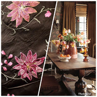 NEW! Queen Theodora 100% Silk Taffeta Embroidered Floral Motif Fabric Brown Pink Blue 55” wide - Fancy Styles Fabric Pierre Frey Lee Jofa Brunschwig & Fils