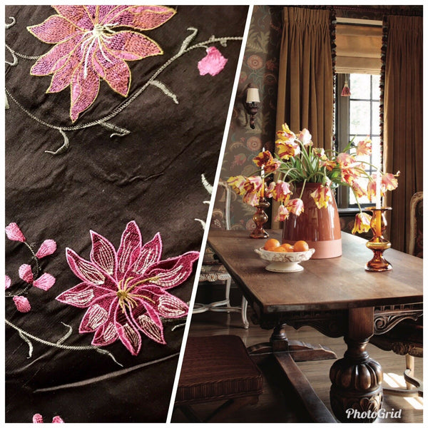 NEW! Queen Theodora 100% Silk Taffeta Embroidered Floral Motif Fabric Brown Pink Blue 55” wide - Fancy Styles Fabric Pierre Frey Lee Jofa Brunschwig & Fils