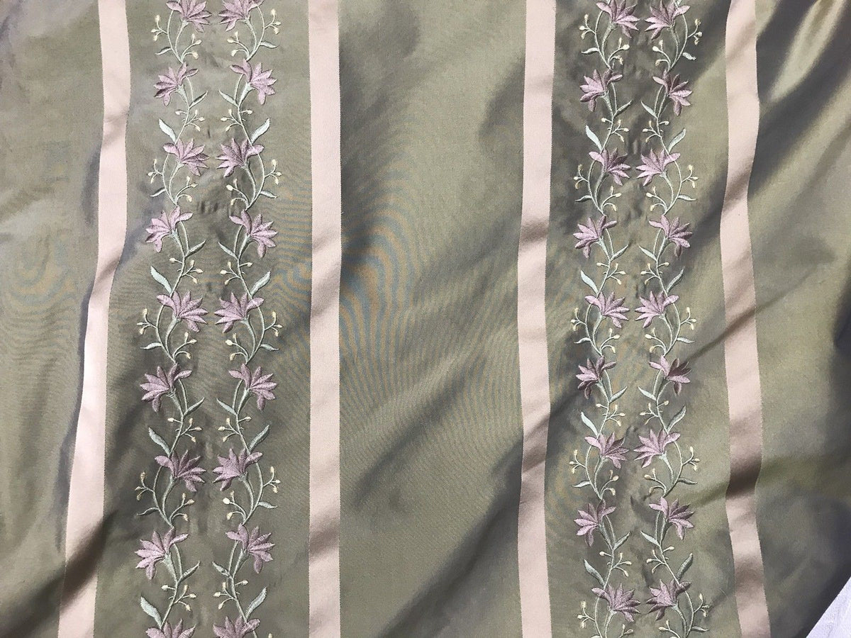 NEW! SALE! 100% Silk Taffeta Embroidered Fabric- Green With Lavender Floral - Fancy Styles Fabric Boutique