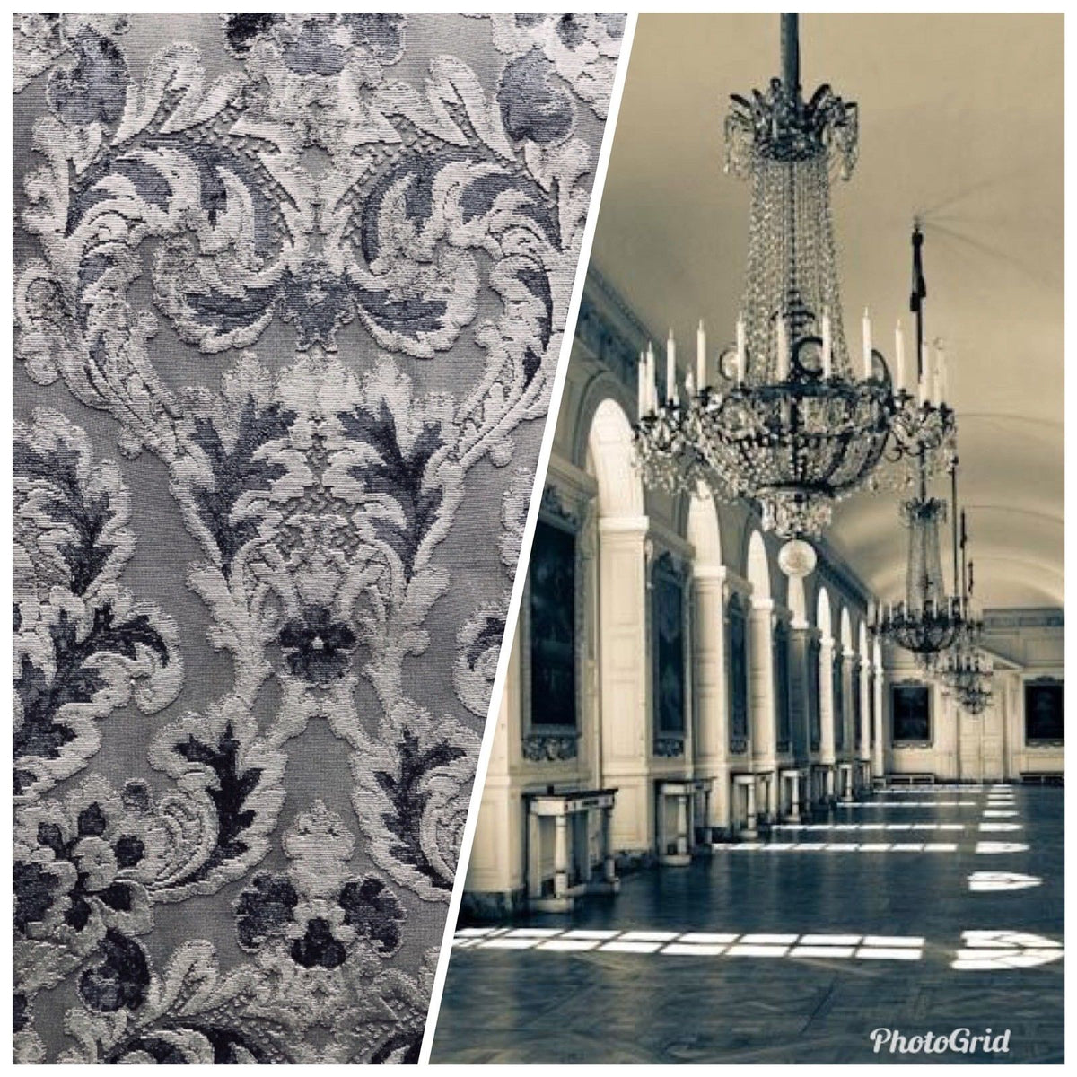 NEW! Antique Inspired Burnout Velvet Damask Fabric - Upholstery Gray Brocade - Fancy Styles Fabric Boutique