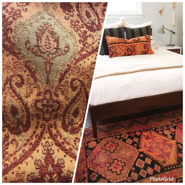 SWATCH Double Sided Burnout Kilim Rug Inspired Fabric- Red Orange Upholstery - Fancy Styles Fabric Pierre Frey Lee Jofa Brunschwig & Fils