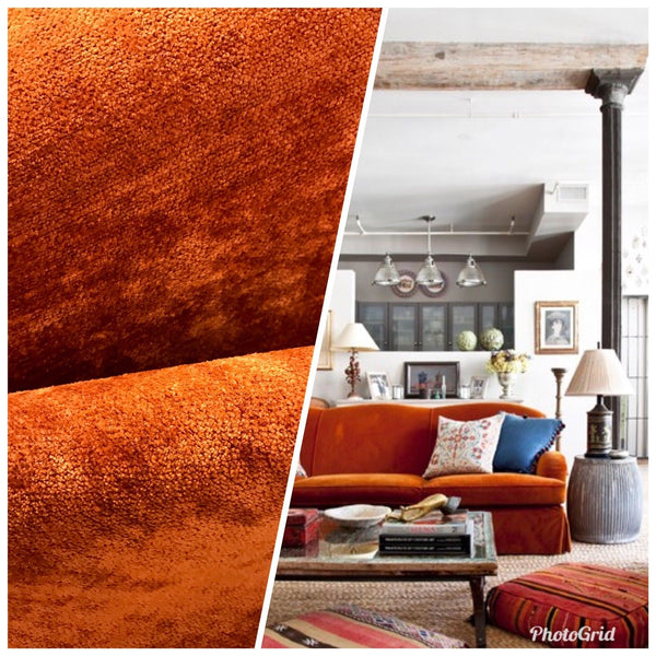 Designer Antique Inspired Chenille Velvet Fabric - Rust Brown Orange Upholstery - Fancy Styles Fabric Pierre Frey Lee Jofa