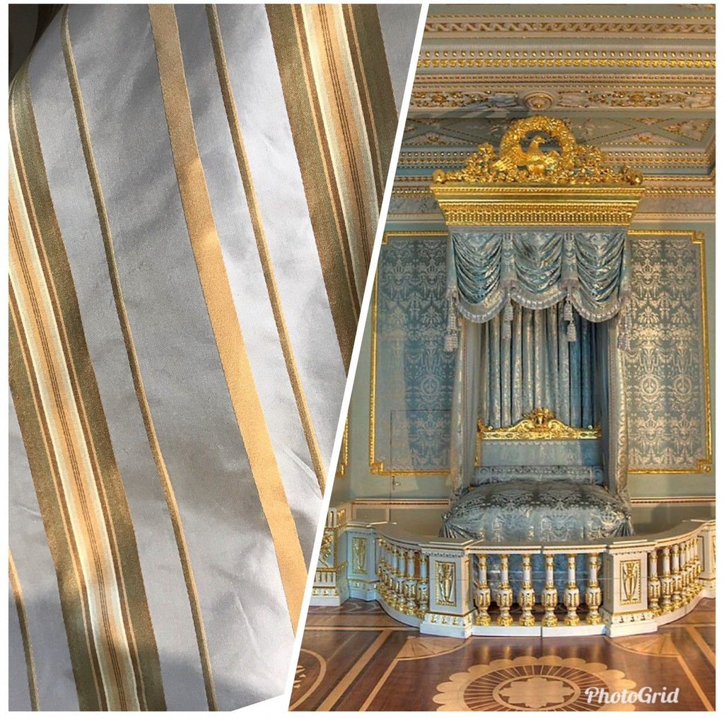 SWATCH 100% Silk Taffeta Drapery Fabric - Stripe Blue And Gold - Fancy Styles Fabric Boutique