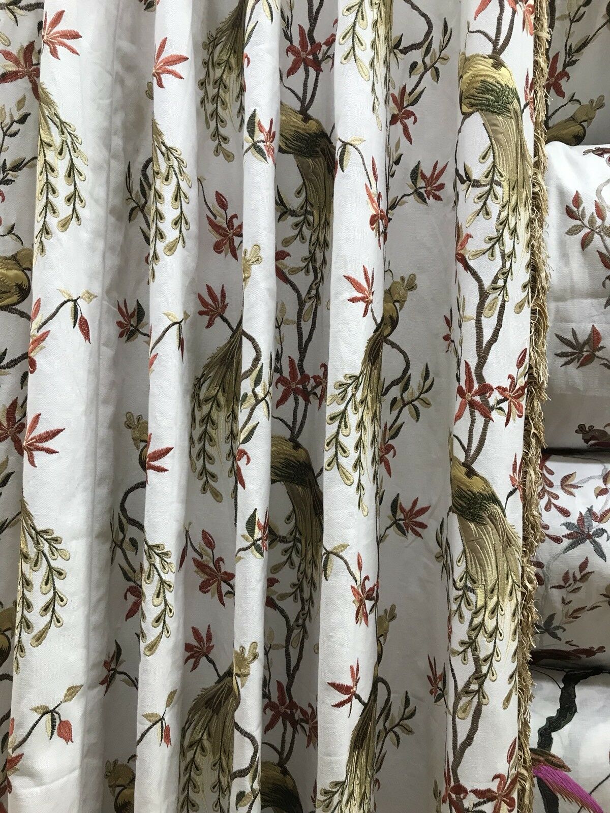 NEW! Lady Patrice Designer Cotton Embroidered Peacock Drapery Fabric  - White - Fancy Styles Fabric Pierre Frey Lee Jofa Brunschwig & Fils