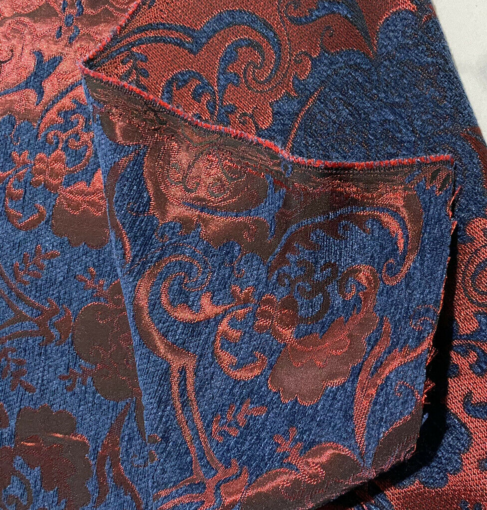 NEW Lady Emile Designer Damask Burnout Chenille Velvet Fabric - Blue & Metallic Red BTY - Fancy Styles Fabric Pierre Frey Lee Jofa Brunschwig & Fils