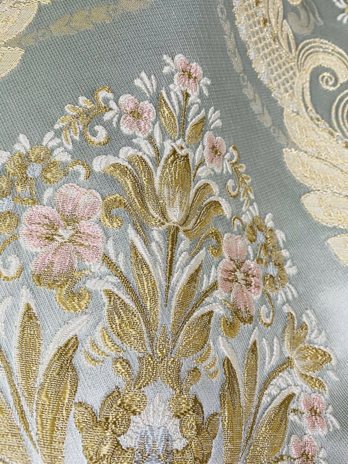 NEW Queen Antionette Novelty Ritz Neoclassical Brocade Damask Floral Satin Fabric - Louis Blue - Fancy Styles Fabric Pierre Frey Lee Jofa Brunschwig & Fils
