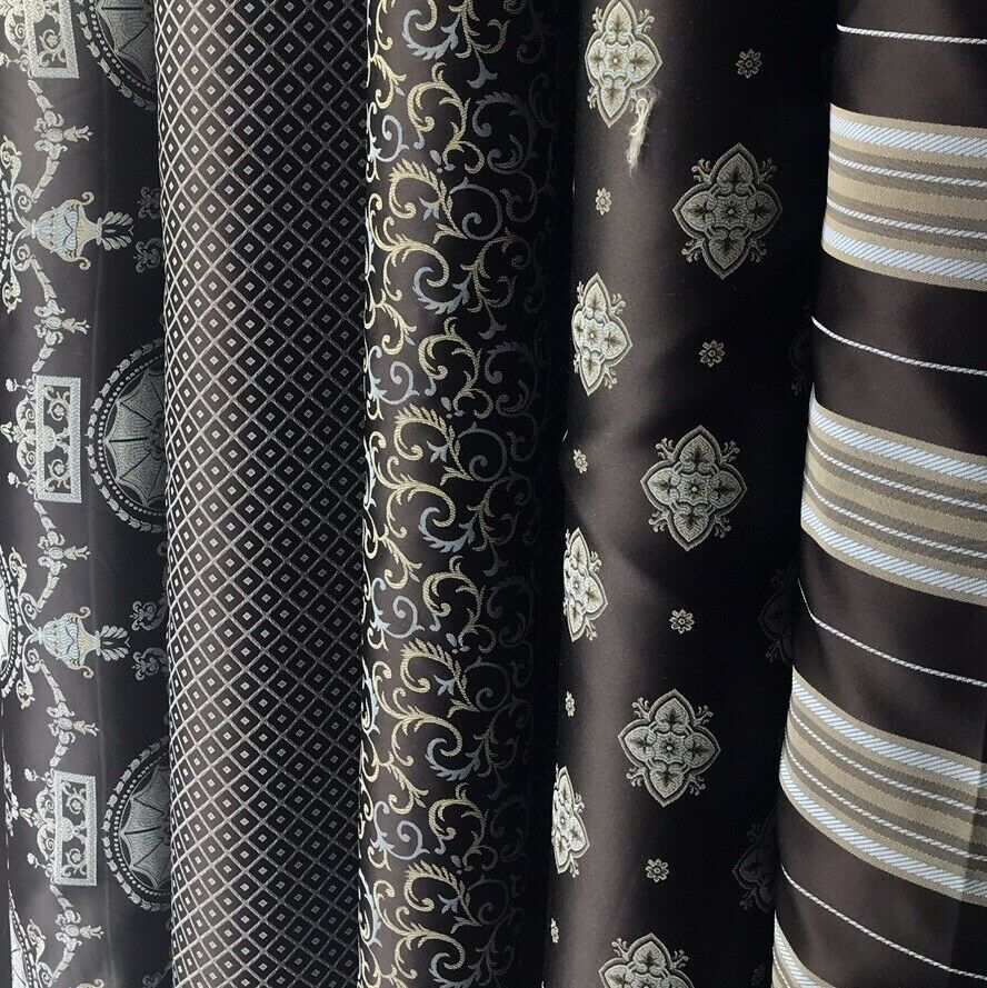 Sir Bradley Designer Brocade Satin Fabric- Pale Blue, Brown, Gold Stripes Neoclassical G1 - Fancy Styles Fabric Pierre Frey Lee Jofa Brunschwig & Fils