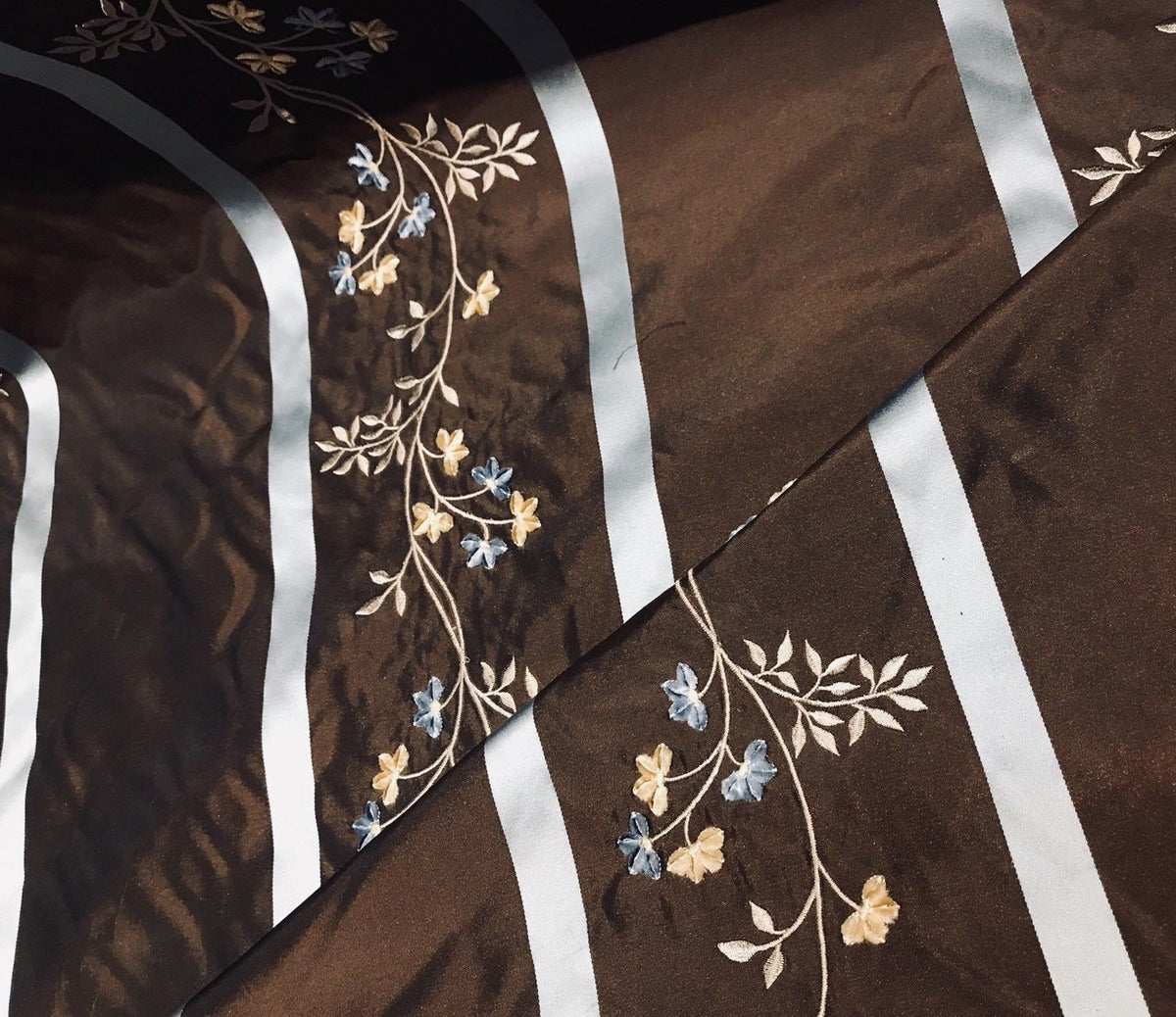 SALE! 100% Silk Taffeta Designer Fabric Embroidery Brown And Eggshell Blue - Fancy Styles Fabric Boutique