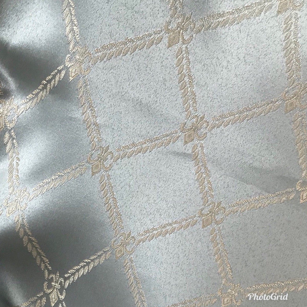 SALE! Designer Brocade Satin Fabric- Antique Silver Blue Rope Design Upholstery - Fancy Styles Fabric Boutique