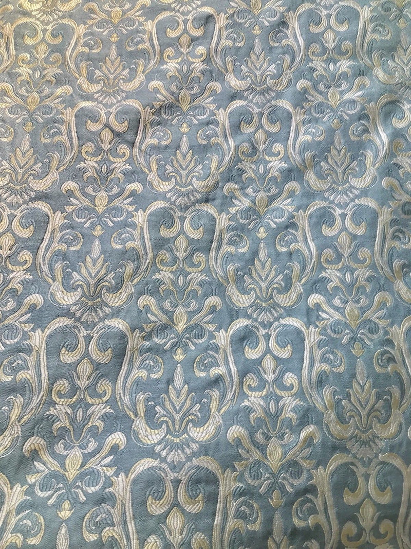 NEW Designer Damask Brocade Fabric - Pale Blue Cream And Yellow Gold- Upholstery - Fancy Styles Fabric Boutique