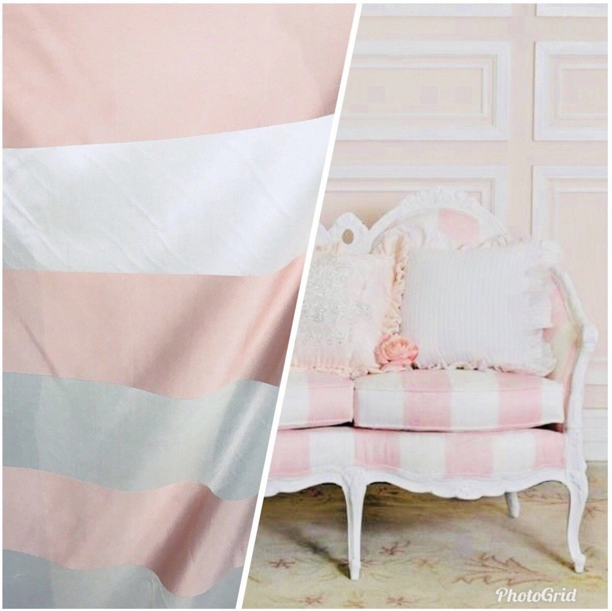 Designer Satin Brocade Fabric - Pink And White Stripes -  Drapery - Fancy Styles Fabric Pierre Frey Lee Jofa Brunschwig & Fils