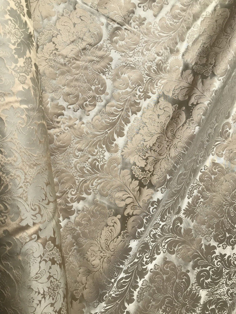 SALE! 100% Silk Taffeta Jacquard Drapery Damask Fabric - Beige & Silver Sea Foam - Fancy Styles Fabric Boutique