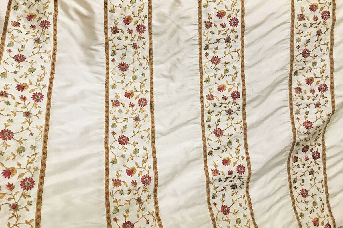 NEW! Lady Margot 100% Silk Dupioni Embroidered Floral Stripes Rows Fabric- Cream - Fancy Styles Fabric Pierre Frey Lee Jofa Brunschwig & Fils
