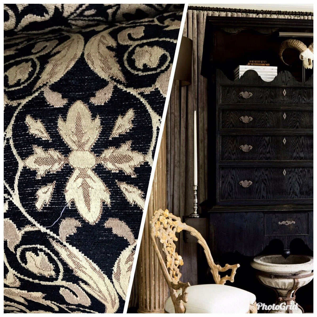 NEW SALE! Velvet Chenille Burnout Upholstery Drapery Fabric -Black & Gold Floral - Fancy Styles Fabric Pierre Frey Lee Jofa Brunschwig & Fils