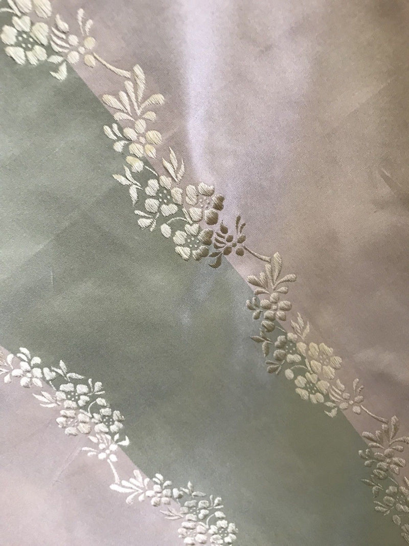 SALE! 100% Silk Taffeta Embroidered Fabric - Pink And Green Stripe W/ Floral - Fancy Styles Fabric Boutique