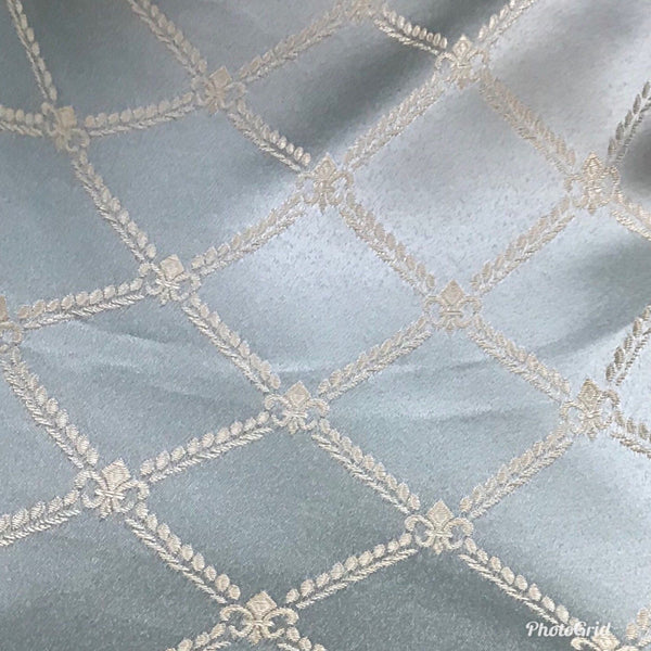 SALE! Designer Brocade Satin Fabric- Antique Silver Blue Rope Design Upholstery - Fancy Styles Fabric Boutique