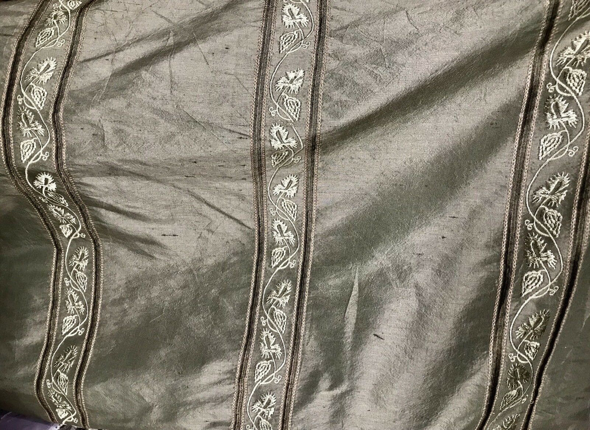 SWATCH Lady Paulette 100% Silk Taffeta Drapery Fabric -Embroidery Khaki Green - Fancy Styles Fabric Pierre Frey Lee Jofa Brunschwig & Fils