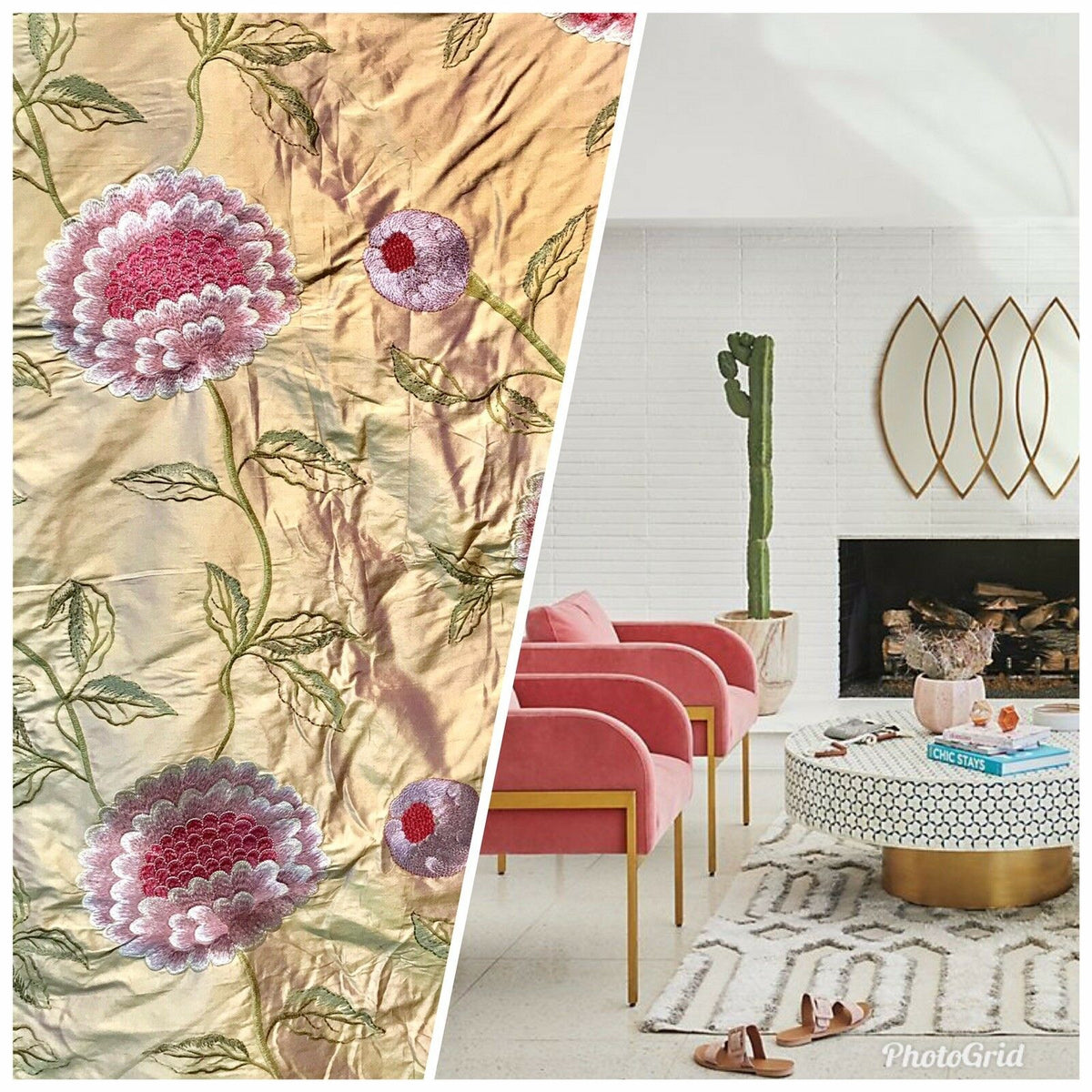 NEW! Lady Achlynn Novelty 100% Silk Dupioni Embroidered Fabric - Made in India- Floral Pink - Fancy Styles Fabric Pierre Frey Lee Jofa Brunschwig & Fils