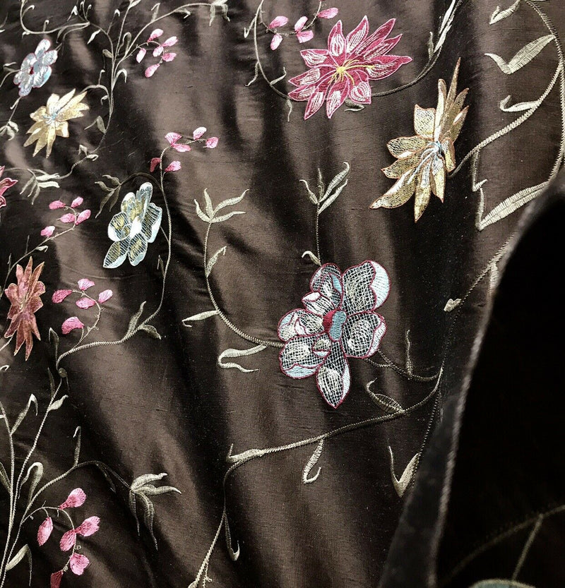 NEW! Queen Theodora 100% Silk Taffeta Embroidered Floral Motif Fabric Brown Pink Blue 55” wide - Fancy Styles Fabric Pierre Frey Lee Jofa Brunschwig & Fils