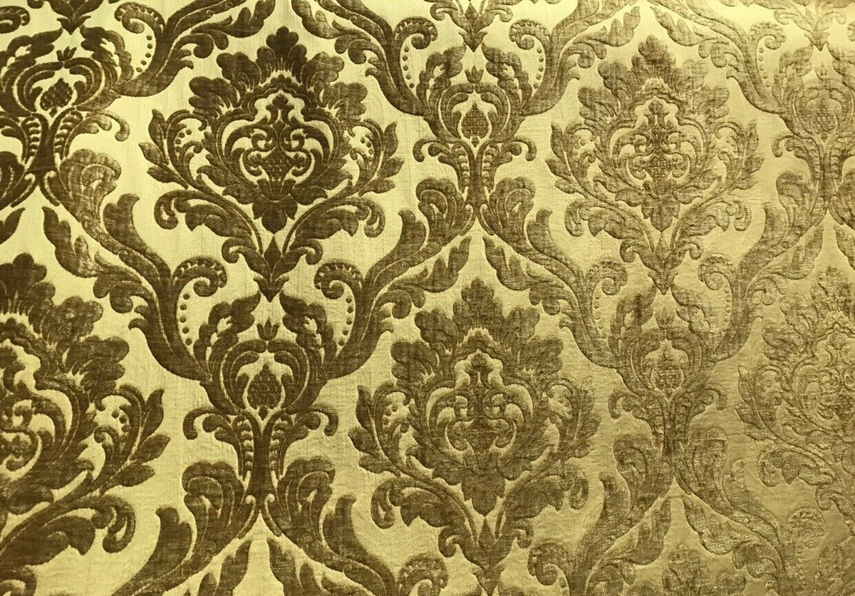 Queen Isabella Designer Satin Burnout Chenille Velvet Fabric- Upholstery Damask - Mustard - Fancy Styles Fabric Pierre Frey Lee Jofa Brunschwig & Fils