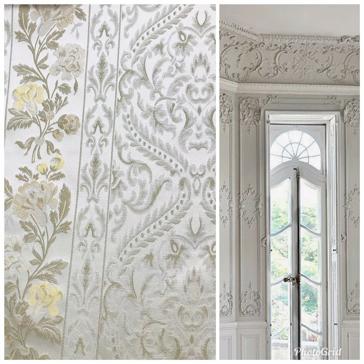 SWATCH Italian Brocade Satin Fabric- Ivory- Floral Upholstery Neoclassical Louis - Fancy Styles Fabric Pierre Frey Lee Jofa Brunschwig & Fils